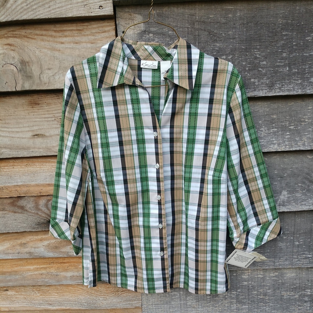 SOLD Kim Rogers Woman's Plaid Top Button Front Wrinkle Resists 3/4 Sleeves NWT. - Picture 12 of 12